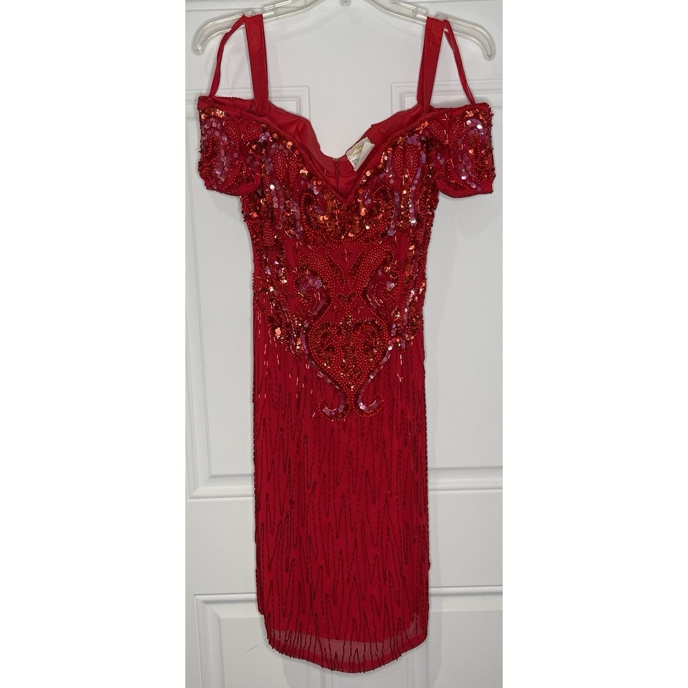 Luxury Vintage 80/90s Alyce Designs Sz 10 Red Beaded Double Silk Gown Hollywood